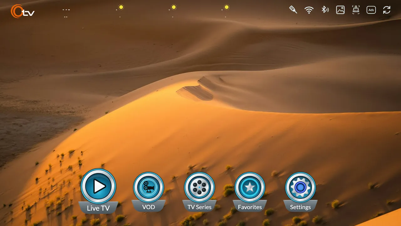 The OTV home screen with a sand-dunes background